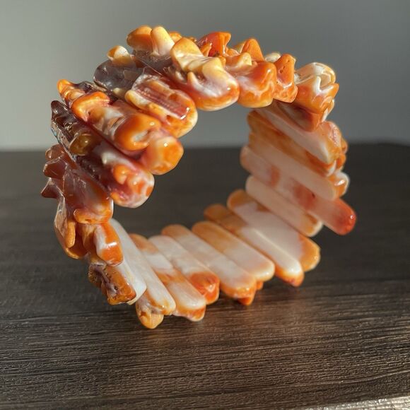 Natural Orange Spiny Oyster Shell Bracelet 7" Stretch Druzy Spikey Bead New - Picture 4 of 9